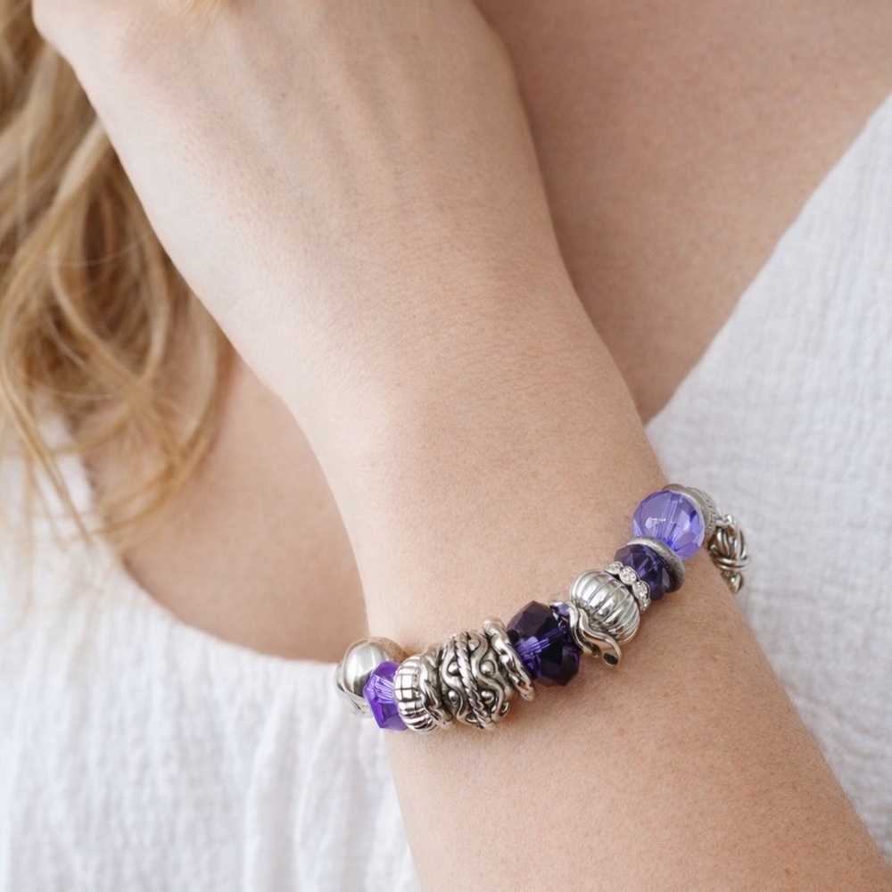 Purple Faux Crystal & Silver Charm Beaded Bracelet - Picture 2 of 3